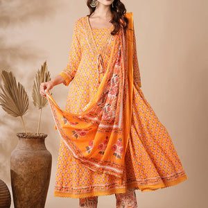 Floral Printed & Beads Embroidered Anarkali with Pant & Pure Cotton Dupatta - Yellow