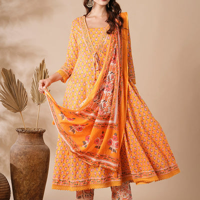 Floral Printed & Beads Embroidered Anarkali with Pant & Pure Cotton Dupatta - Yellow