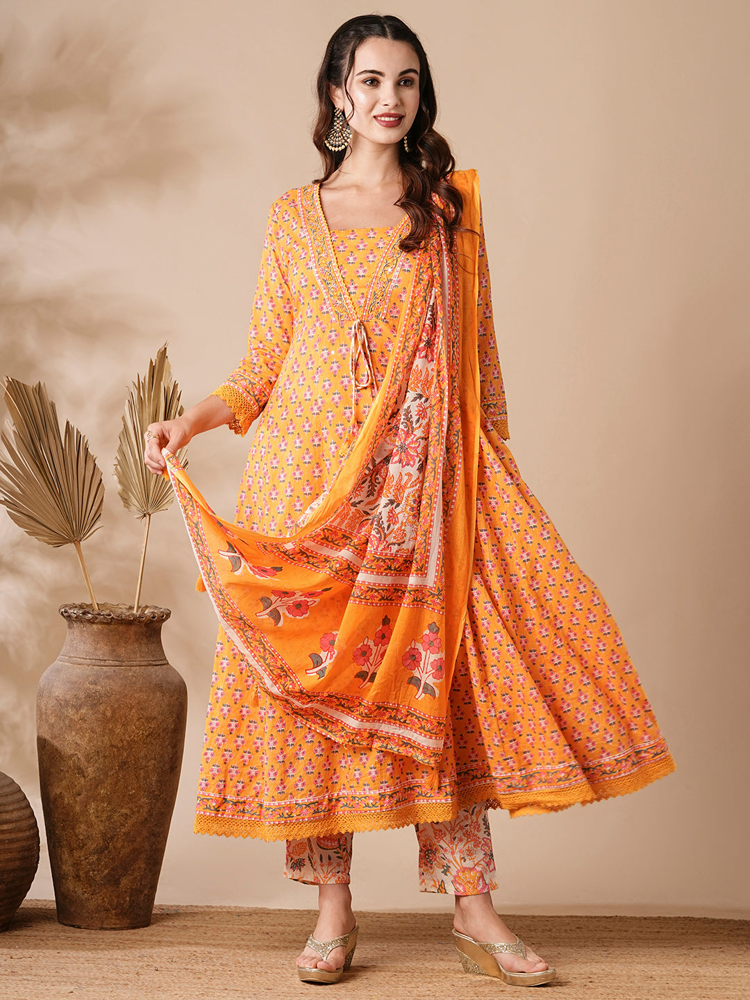 Floral Printed & Beads Embroidered Anarkali with Pant & Pure Cotton Dupatta - Yellow