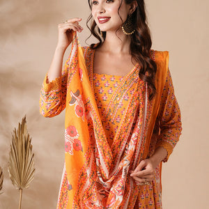 Floral Printed & Beads Embroidered Anarkali with Pant & Pure Cotton Dupatta - Yellow