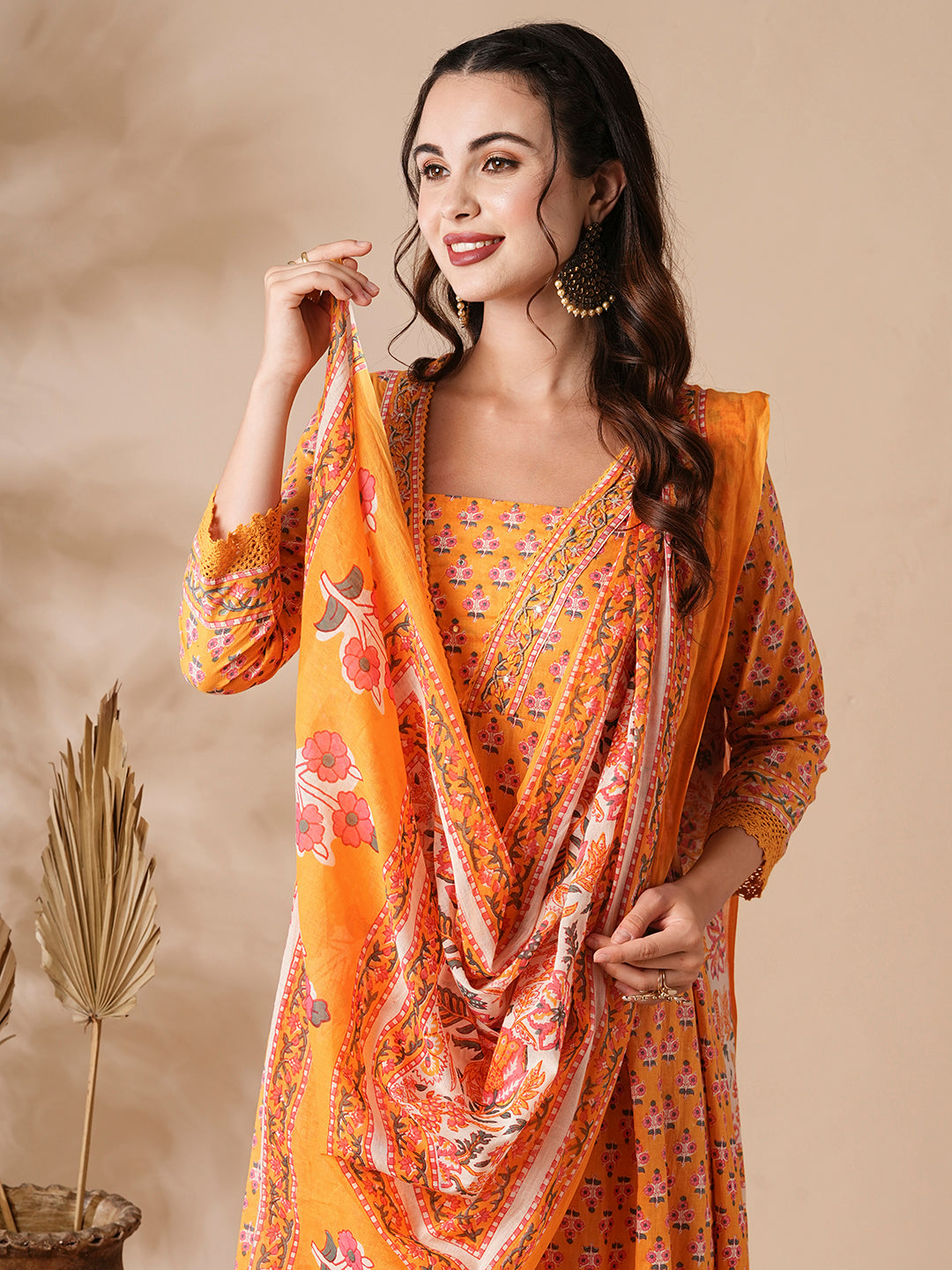 Floral Printed & Beads Embroidered Anarkali with Pant & Pure Cotton Dupatta - Yellow