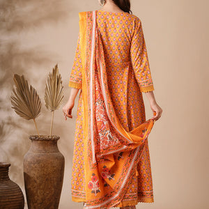 Floral Printed & Beads Embroidered Anarkali with Pant & Pure Cotton Dupatta - Yellow