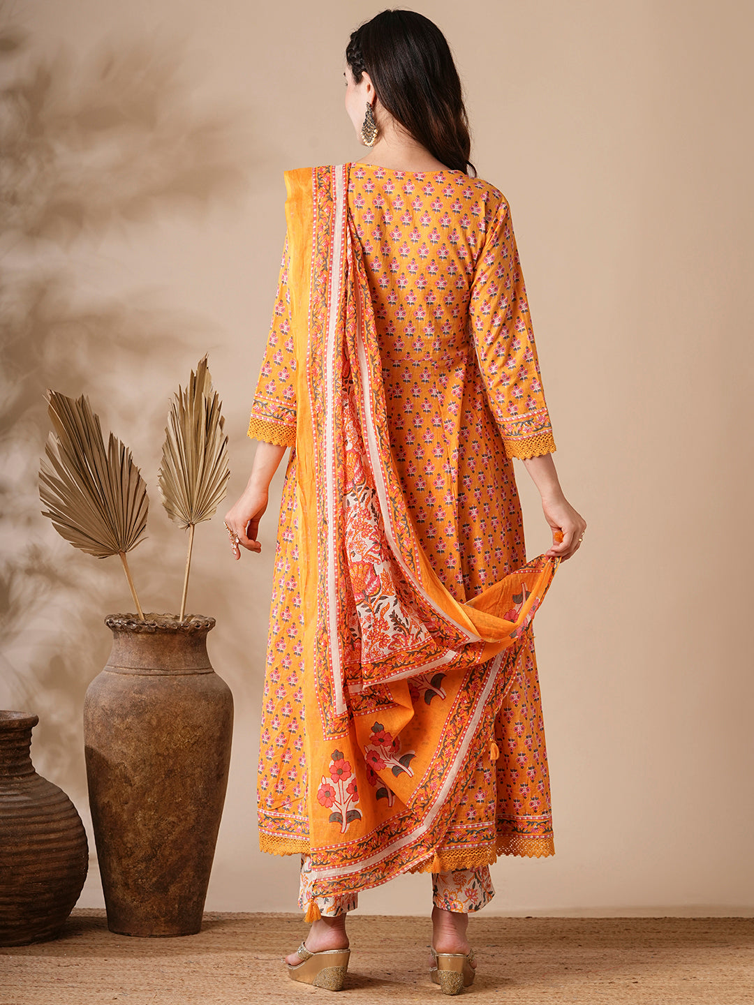 Floral Printed & Beads Embroidered Anarkali with Pant & Pure Cotton Dupatta - Yellow