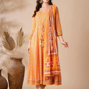Floral Printed & Beads Embroidered Anarkali with Pant & Pure Cotton Dupatta - Yellow