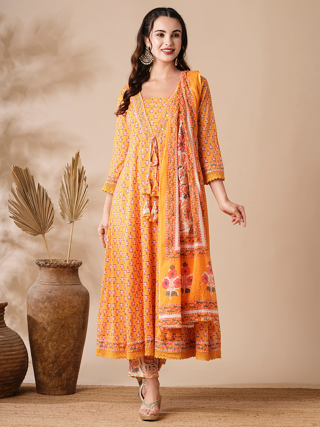 Floral Printed & Beads Embroidered Anarkali with Pant & Pure Cotton Dupatta - Yellow