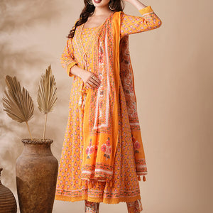 Floral Printed & Beads Embroidered Anarkali with Pant & Pure Cotton Dupatta - Yellow