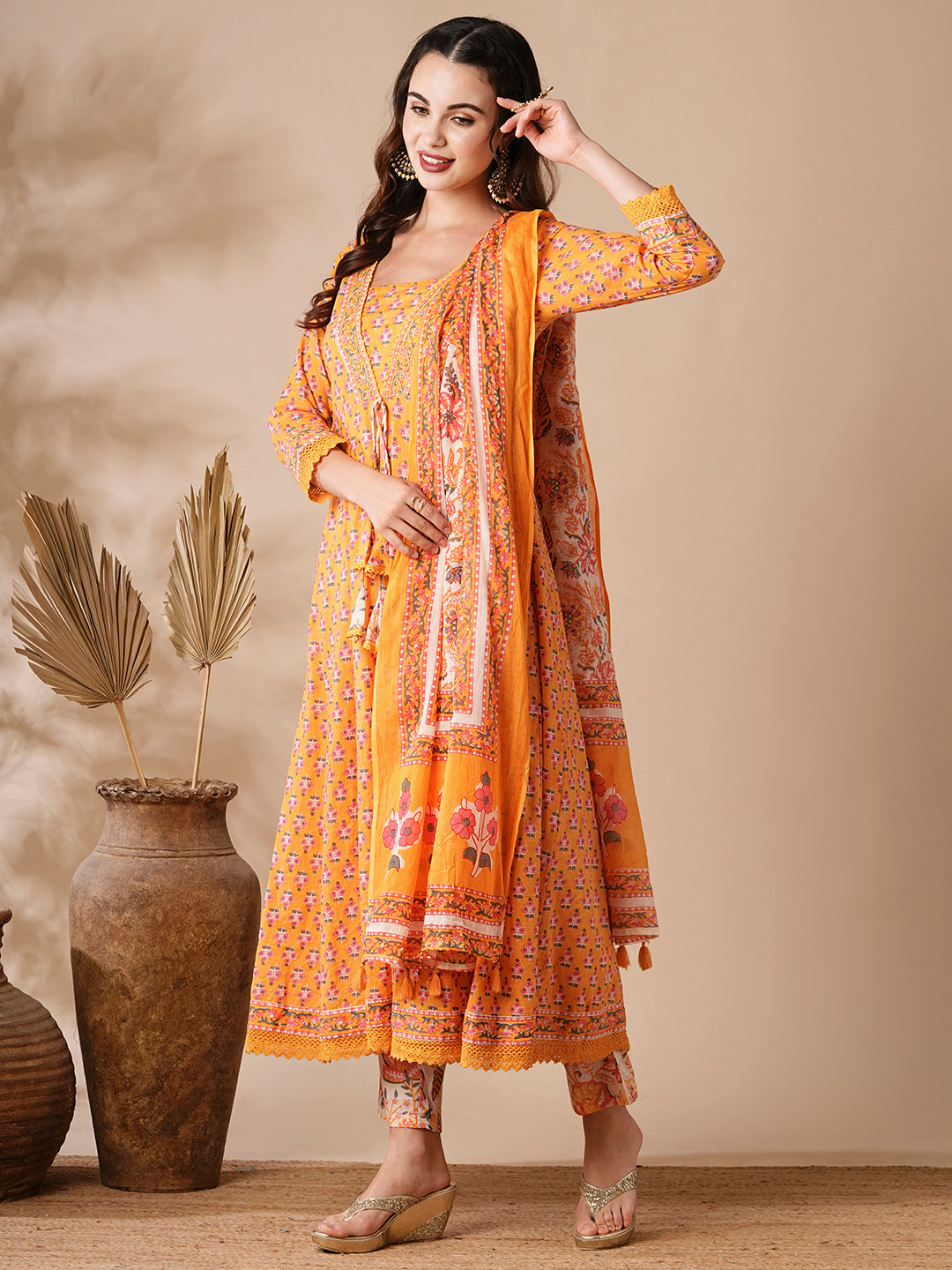 Floral Printed & Beads Embroidered Anarkali with Pant & Pure Cotton Dupatta - Yellow