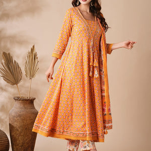 Floral Printed & Beads Embroidered Anarkali with Pant & Pure Cotton Dupatta - Yellow