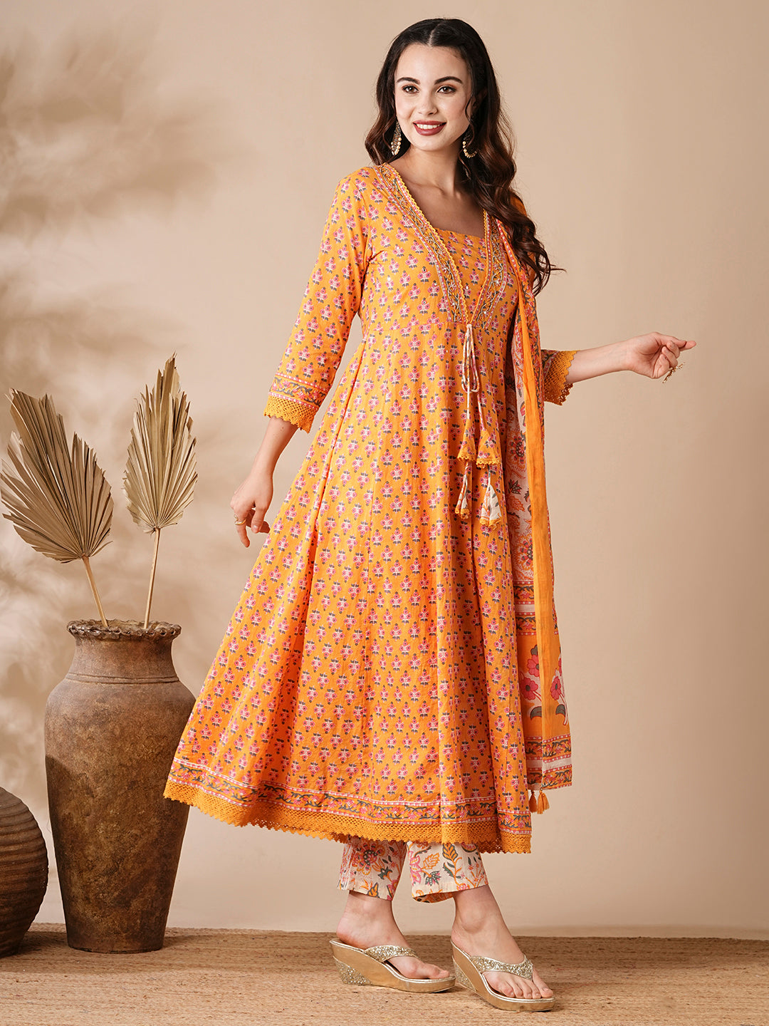Floral Printed & Beads Embroidered Anarkali with Pant & Pure Cotton Dupatta - Yellow