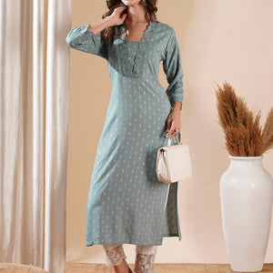 Woven Dobby Design Resham Embroidered Kurta - Powder Blue