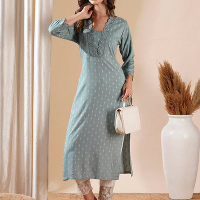 Woven Dobby Design Resham Embroidered Kurta - Powder Blue