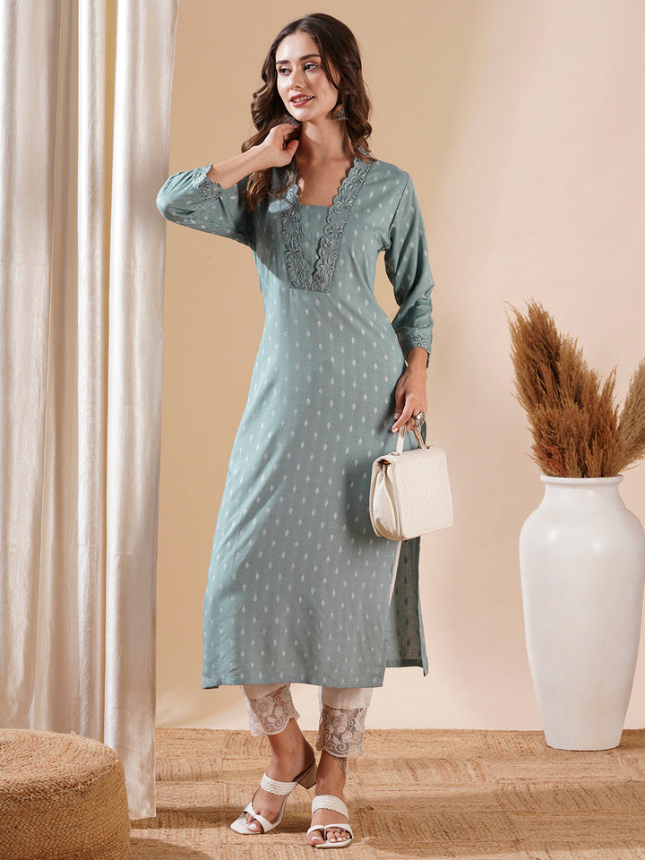 Woven Dobby Design Resham Embroidered Kurta - Powder Blue