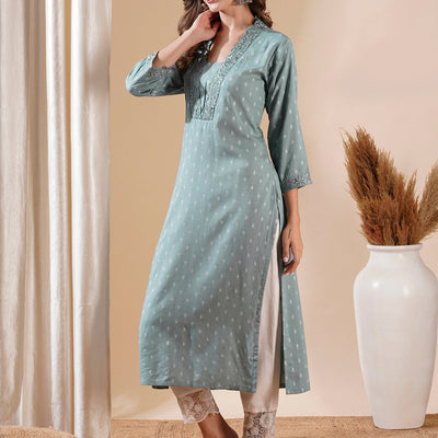Woven Dobby Design Resham Embroidered Kurta - Powder Blue