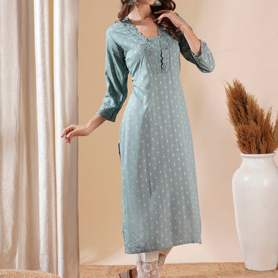 Woven Dobby Design Resham Embroidered Kurta - Powder Blue