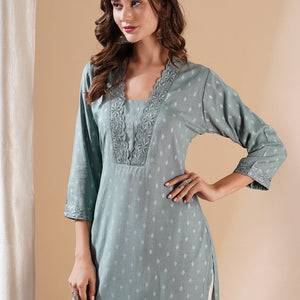 Woven Dobby Design Resham Embroidered Kurta - Powder Blue