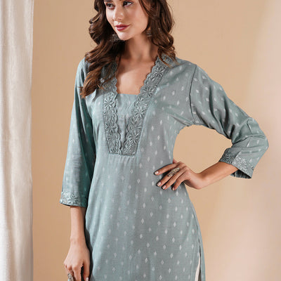 Woven Dobby Design Resham Embroidered Kurta - Powder Blue