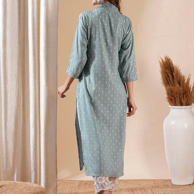 Woven Dobby Design Resham Embroidered Kurta - Powder Blue