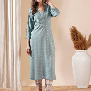 Woven Dobby Design Resham Embroidered Kurta - Powder Blue