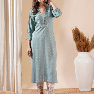 Woven Dobby Design Resham Embroidered Kurta - Powder Blue