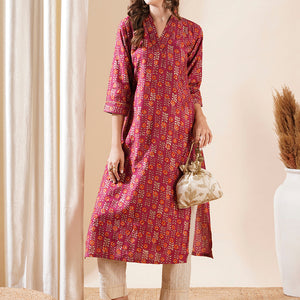 Floral Printed Zari Top Stitched & Gota Lace Embellished Kurta - Magenta