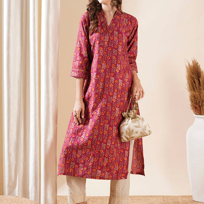 Floral Printed Zari Top Stitched & Gota Lace Embellished Kurta - Magenta