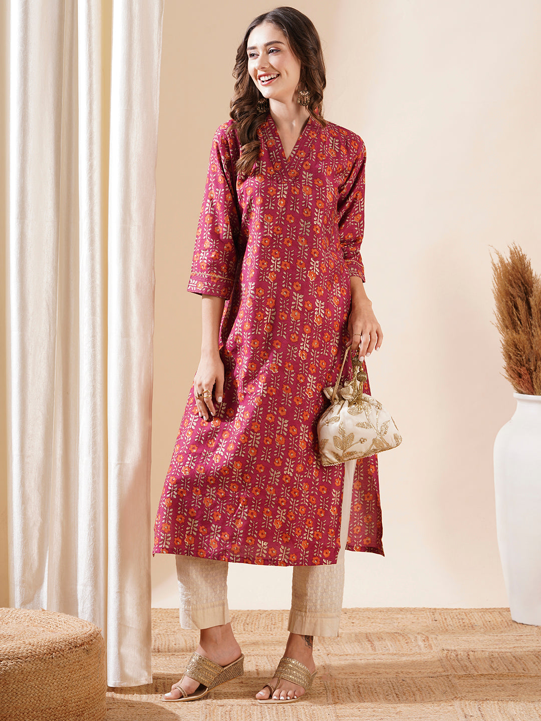 Floral Printed Zari Top Stitched & Gota Lace Embellished Kurta - Magenta