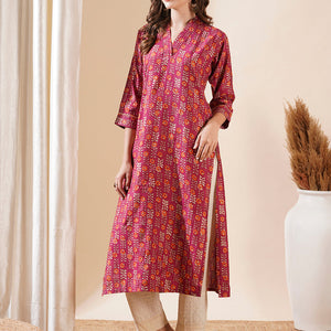 Floral Printed Zari Top Stitched & Gota Lace Embellished Kurta - Magenta