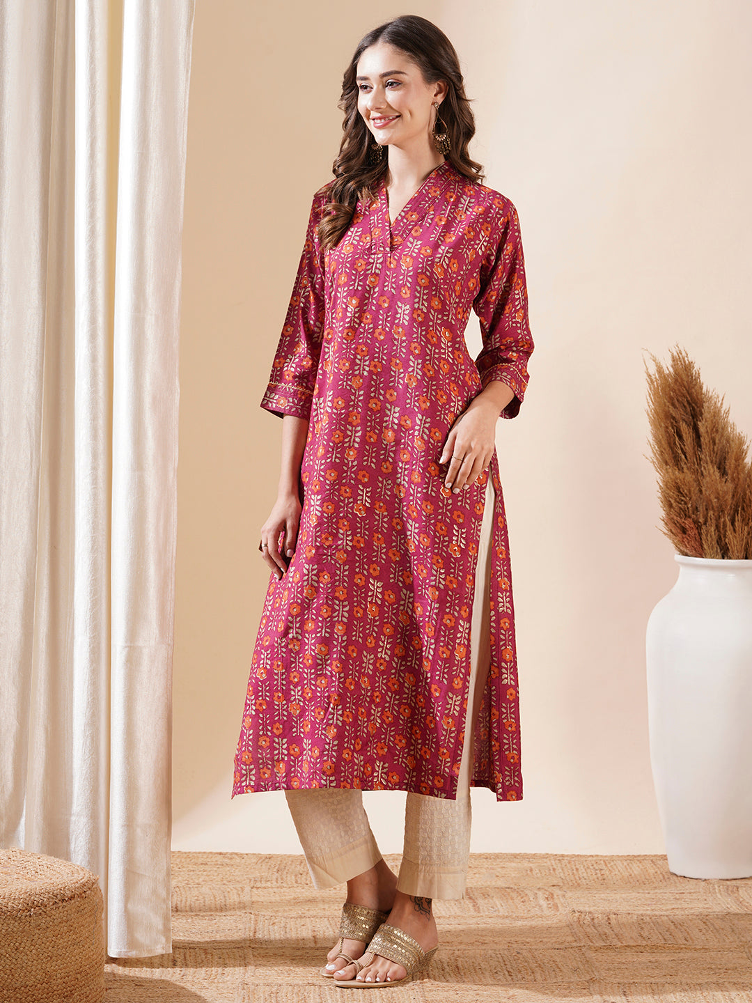 Floral Printed Zari Top Stitched & Gota Lace Embellished Kurta - Magenta