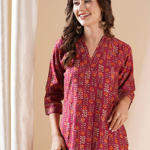 Floral Printed Zari Top Stitched & Gota Lace Embellished Kurta - Magenta