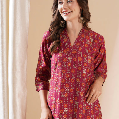 Floral Printed Zari Top Stitched & Gota Lace Embellished Kurta - Magenta