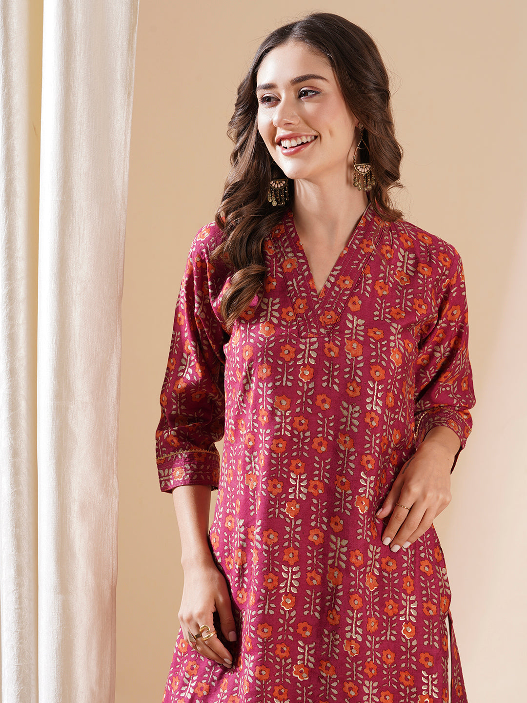 Floral Printed Zari Top Stitched & Gota Lace Embellished Kurta - Magenta