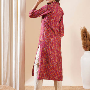 Floral Printed Zari Top Stitched & Gota Lace Embellished Kurta - Magenta