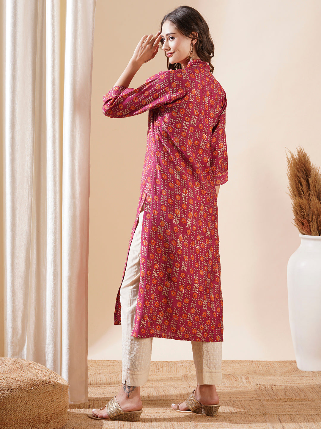 Floral Printed Zari Top Stitched & Gota Lace Embellished Kurta - Magenta