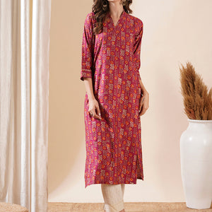 Floral Printed Zari Top Stitched & Gota Lace Embellished Kurta - Magenta