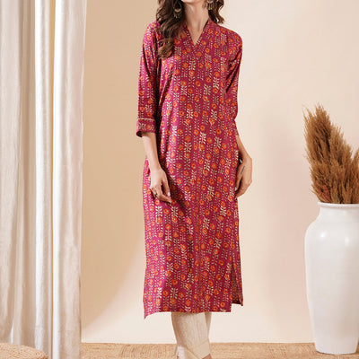 Floral Printed Zari Top Stitched & Gota Lace Embellished Kurta - Magenta