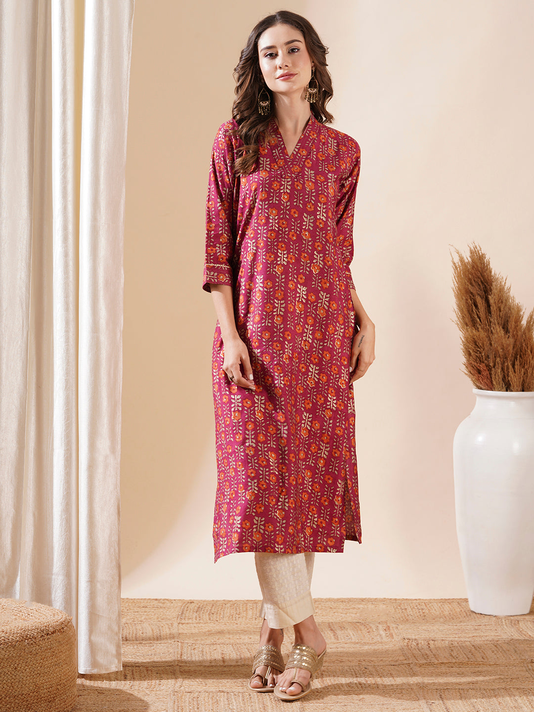 Floral Printed Zari Top Stitched & Gota Lace Embellished Kurta - Magenta