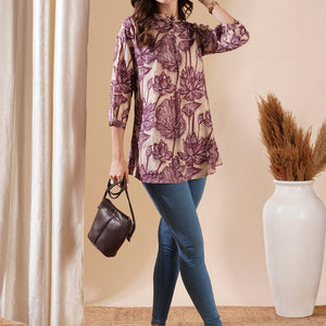 Floral Printed Buttoned A-line Short Kurti - Cream & Burgundy