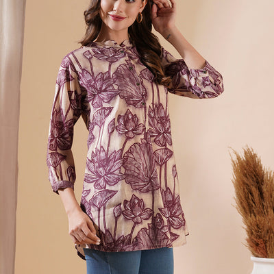 Floral Printed Buttoned A-line Short Kurti - Cream & Burgundy