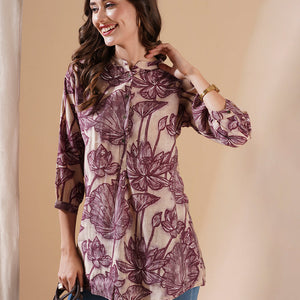 Floral Printed Buttoned A-line Short Kurti - Cream & Burgundy