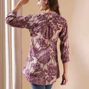 Floral Printed Buttoned A-line Short Kurti - Cream & Burgundy