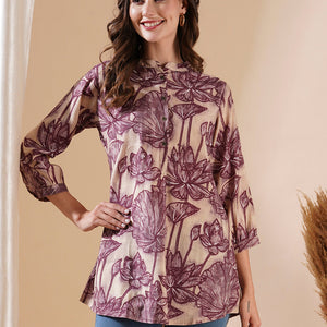 Floral Printed Buttoned A-line Short Kurti - Cream & Burgundy