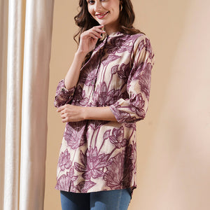 Floral Printed Buttoned A-line Short Kurti - Cream & Burgundy