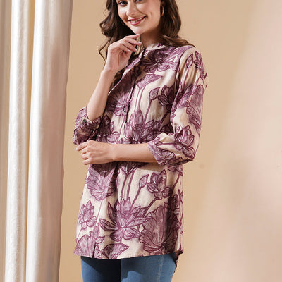 Floral Printed Buttoned A-line Short Kurti - Cream & Burgundy
