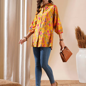 Floral Foil Printed Buttoned A-line Short Kurti - Yellow