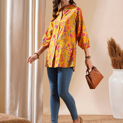 Floral Foil Printed Buttoned A-line Short Kurti - Yellow