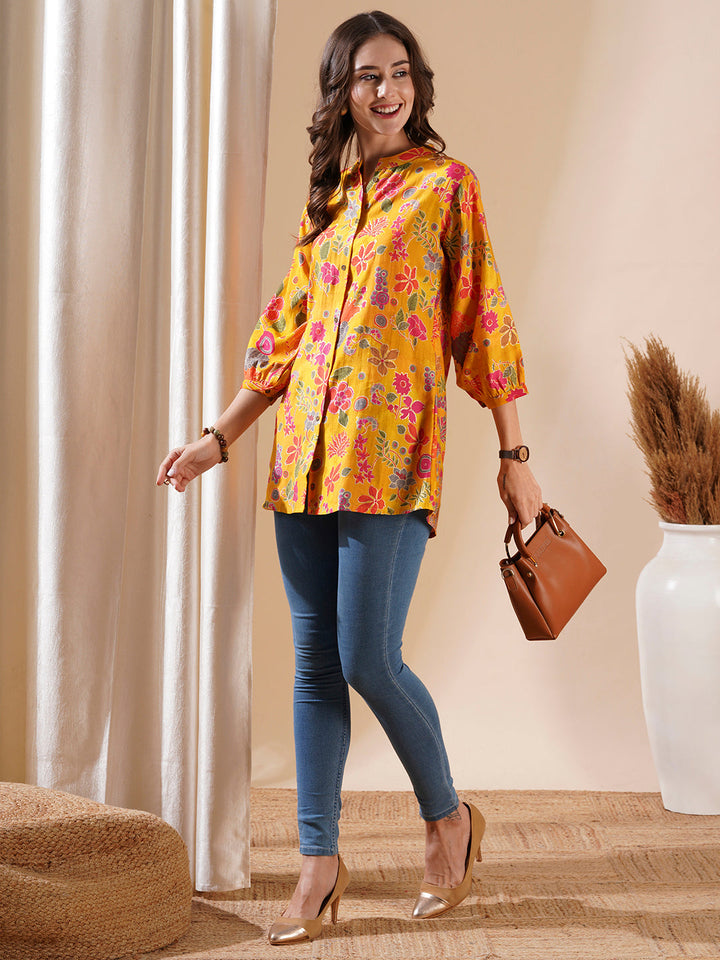 Floral Foil Printed Buttoned A-line Short Kurti - Yellow