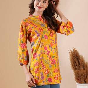 Floral Foil Printed Buttoned A-line Short Kurti - Yellow