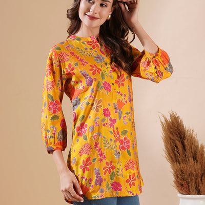Floral Foil Printed Buttoned A-line Short Kurti - Yellow
