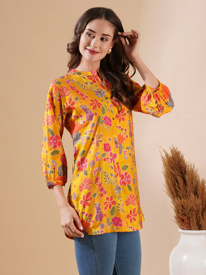 Floral Foil Printed Buttoned A-line Short Kurti - Yellow