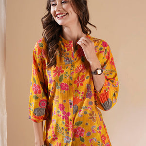 Floral Foil Printed Buttoned A-line Short Kurti - Yellow